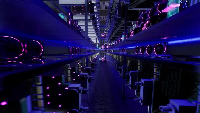 3D animation of mining equipment on stand racks mine cryptocurrency in steel container. Blockchain technology application specific integrated circuit datacenter. Server room lights.