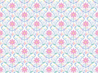 オトミ刺繍のイメージのダマスク柄_シームレスパターン_カラフル_メキシコ