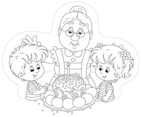 Happy granny and little kids at their festive table with a traditional sweet holiday cake and painted Easter eggs, black and white outline vector cartoon illustration for a coloring book page