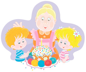 Happy granny and little kids at their festive table with a traditional sweet holiday cake and colorfully painted Easter eggs, vector cartoon illustration isolated on a white background