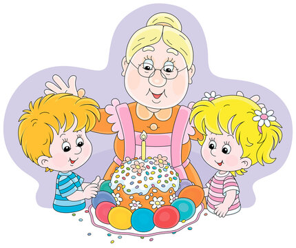Happy granny and little kids at their festive table with a traditional sweet holiday cake and colorfully painted Easter eggs, vector cartoon illustration isolated on a white background