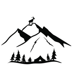 Mountain goat and mountains. Black silhouette.