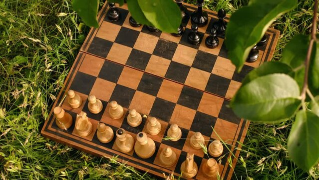 An old chess board with pieces on the lawn in the garden. Intelligent Board Games