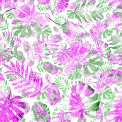 Fototapeten Watercolor seamless pattern with colorful abstract tropical leaves. Bright summer print with exotic plants. Creative trendy botanical textile design.  © Natallia Novik