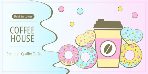 Coffee house horizontal banner for Coffee shop, Coffee house, cafe-bar, barista, drink. Vector illustration for poster, banner, flyer, advertising, commercial.