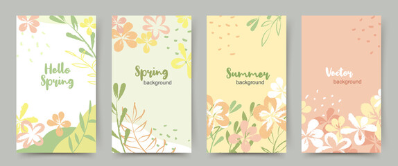 Spring summer season banner templates. Background with flowers and leaves for social media stories in green and pink colors. Vector illustration for cards, invitations, advertisements, web banners 