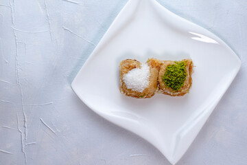 Pistachio and coconut baklava. Traditional Middle Eastern Flavors. Copy space