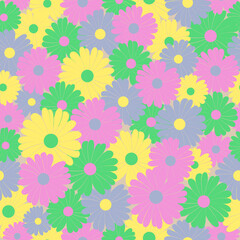 Flowers seamless pattern. Overlapping brightly colored flowers.