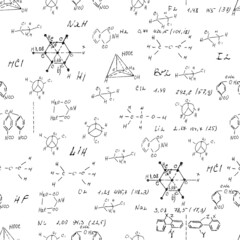 Chemistry seamless pattern with handwriting of various formulas and molecules structures and diagrams. Atom geometry. College lectures. Scientific study as former Alchemy. Vector.