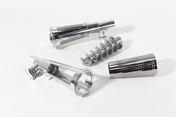 Naklejka premium Meat grinder juicer attachment. Stainless steel. Collapsible. Juice attachment. White background.
