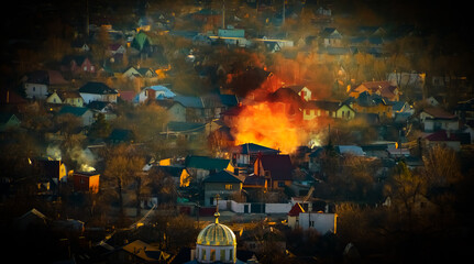 Burning house in the city of Kyiv cityscape