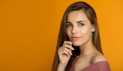 Fototapeta premium Beautiful young smiling woman with clean perfect fresh skin and long hair. Woman portrait of beauty model with natural make-up, formed eyebrows and long eyelashes. Spa, skincare and wellness