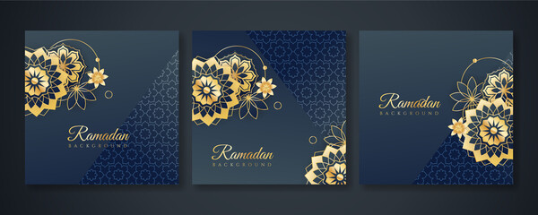 Fototapeta na wymiar Islamic ramadan kareem greeting card. Black gold ramadan holiday invitation template with mosque star moon crescent and gold Arabic pattern. Vector illustration.