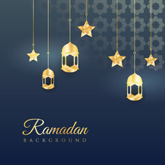 Islamic ramadan kareem greeting card. Black gold ramadan holiday invitation template with mosque star moon crescent and gold Arabic pattern. Vector illustration.