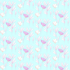 Vector seamless half-drop pattern, with leaves and flowers
