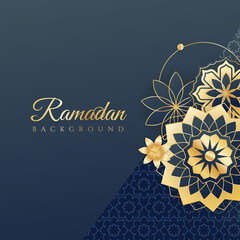 Fototapeta na wymiar Islamic ramadan kareem greeting card. Black gold ramadan holiday invitation template with mosque star moon crescent and gold Arabic pattern. Vector illustration.