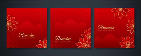 Islamic ramadan kareem greeting card. Red gold ramadan holiday invitation template with mosque star moon crescent and gold Arabic pattern. Vector illustration.