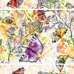 Fototapeta na wymiar seamless watercolor background with butterflies.Floral pattern with a branch of permafrost, tansy, wild grass, immortelle. Watercolor paint splash . Multicolored butterfly urticaria, Aglais urticae.