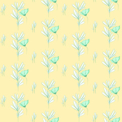 Vector seamless half-drop pattern, with leaves and flowers