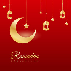 Islamic ramadan kareem greeting card. Red gold ramadan holiday invitation template with mosque star moon crescent and gold Arabic pattern. Vector illustration.