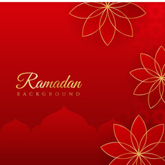Obraz premium Islamic ramadan kareem greeting card. Red gold ramadan holiday invitation template with mosque star moon crescent and gold Arabic pattern. Vector illustration.
