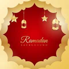 Obraz na płótnie Canvas Islamic ramadan kareem greeting card. Red gold ramadan holiday invitation template with mosque star moon crescent and gold Arabic pattern. Vector illustration.