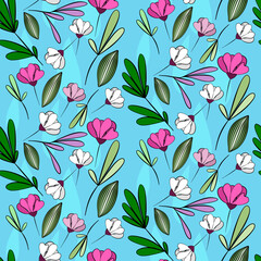 Vector seamless half-drop pattern, with leaves and flowers