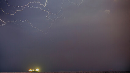 Lightning, thunderstorm, thunder, rain, horizon, ship