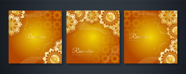 Islamic ramadan kareem greeting card. Gold ramadan holiday invitation template with mosque star moon crescent and gold Arabic pattern. Vector illustration.