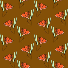 Obraz na płótnie Canvas Vector seamless half-drop pattern, with leaves and flowers