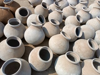Fototapeta na wymiar water pots, soil water pots drying in sunlight, clay pot crockery earthen pot, water pots, watercolor
