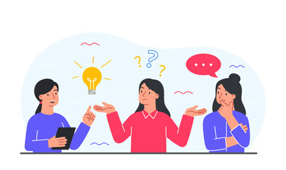 Woman think concept. Girlfriends evaluate idea, brainstorming. Creative personalities, employees evaluate development of company. Workers and colleagues communicate. Cartoon flat vector illustration