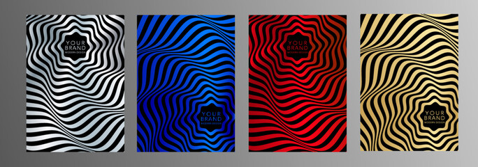 Modern gold, red, blue, silver cover design set. Abstract wavy line pattern on black background. Creative stripe vector collection for business page, brochure template, booklet, flyer, catalog, card