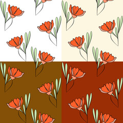 Vector seamless half-drop pattern, with leaves and flowers