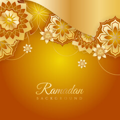 Islamic ramadan kareem greeting card. Gold ramadan holiday invitation template with mosque star moon crescent and gold Arabic pattern. Vector illustration.