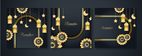 Obraz na płótnie Canvas Islamic ramadan kareem greeting card. Black gold ramadan holiday invitation template with mosque star moon crescent and gold Arabic pattern. Vector illustration.