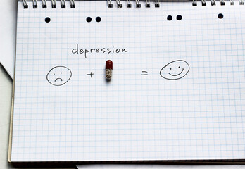 a paper with hand drawn emotions sad and smile, depression and happiness - 493668864
