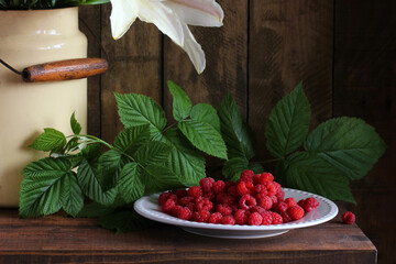 plate of wild raspberries on the table.
