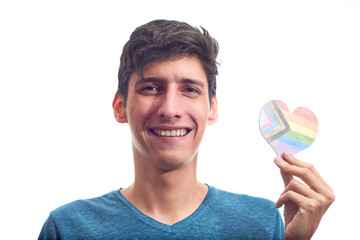 Portrait of a gay man with a rainbow heart, from new LGBT or pride flag
