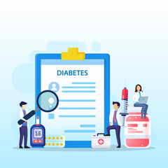 Medicine diabetes concept.  The doctor tests the level of glucose in the blood, prescribes statins. Flat vector illustration.