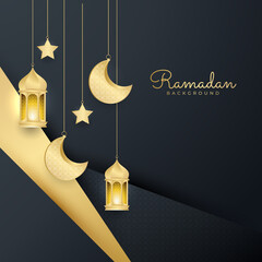 Islamic ramadan kareem greeting card. Black gold ramadan holiday invitation template with mosque star moon crescent and gold Arabic pattern. Vector illustration.