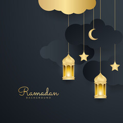 Islamic ramadan kareem greeting card. Black gold ramadan holiday invitation template with mosque star moon crescent and gold Arabic pattern. Vector illustration.