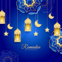 Islamic ramadan kareem greeting card. Biru gold ramadan holiday invitation template with mosque star moon crescent and gold Arabic pattern. Vector illustration.