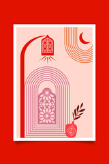 Minimalist arabic style. Moroccan scene. A Moroccan palace, doors, windows and traditional craftsmanship. Terracotta background. Vector illustration.	