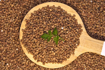 Greens and buckwheat in a wooden spatula. Close up.
