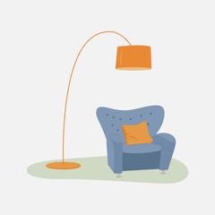 Soft blue armchair and copper floor lamp for loft-style creative office or cozy apartment. Element of fashionable furniture for interior of recreational or chill area at work.Raster illustration