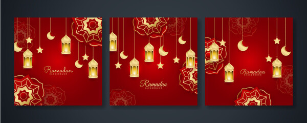 Obraz na płótnie Canvas Islamic ramadan kareem greeting card. Red gold ramadan holiday invitation template with mosque star moon crescent and gold Arabic pattern. Vector illustration.