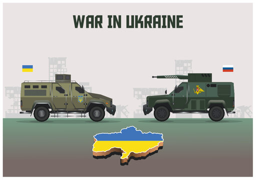 War in Ukraine vector depiction of armies on the land of Ukraine 