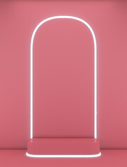 3d renderingconcret square shape podium on red background and  light line.minimailst concept.