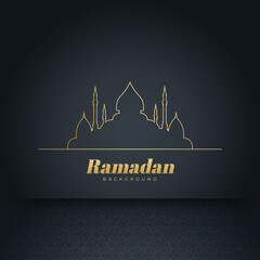 Islamic ramadan kareem greeting card. Black gold ramadan holiday invitation template with mosque star moon crescent and gold Arabic pattern. Vector illustration.